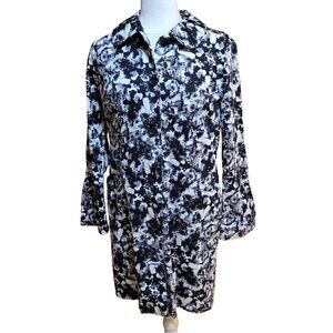 Christopher & Banks Women's Medium Floral Coat Black White Button Front